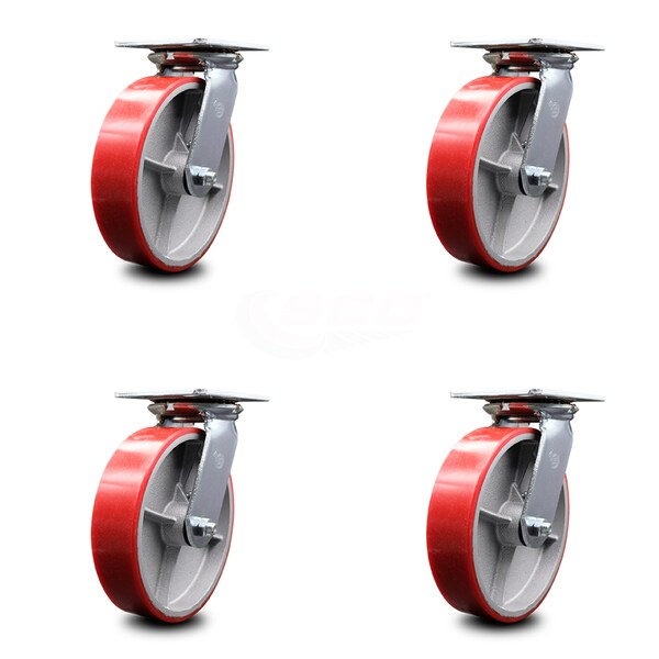8 Inch Heavy Duty Red Poly on Cast Iron Caster Set with Ball Bearings, 4PK